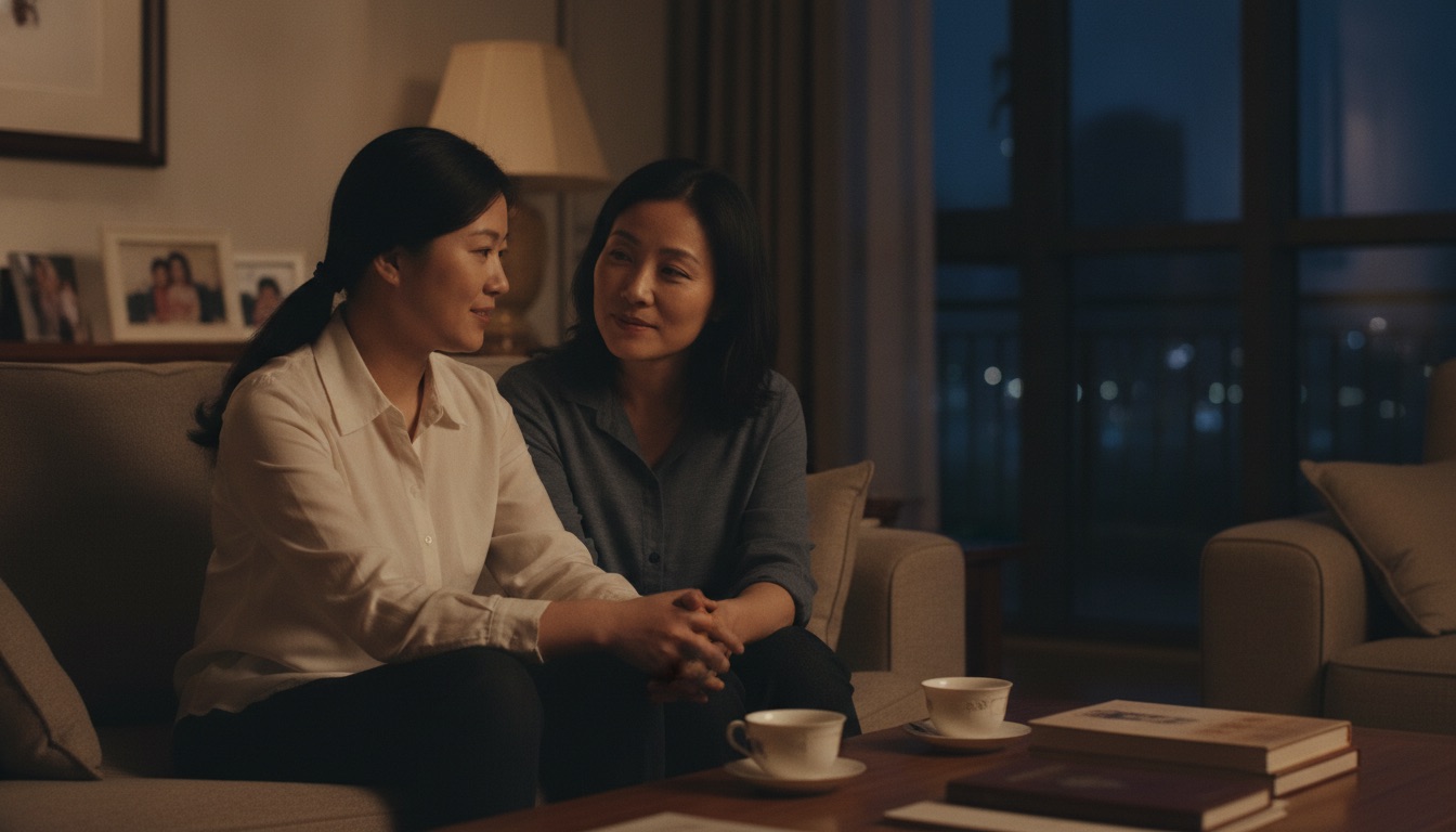 深夜沙发上妈妈和爸爸并肩安静聊天久违地靠近