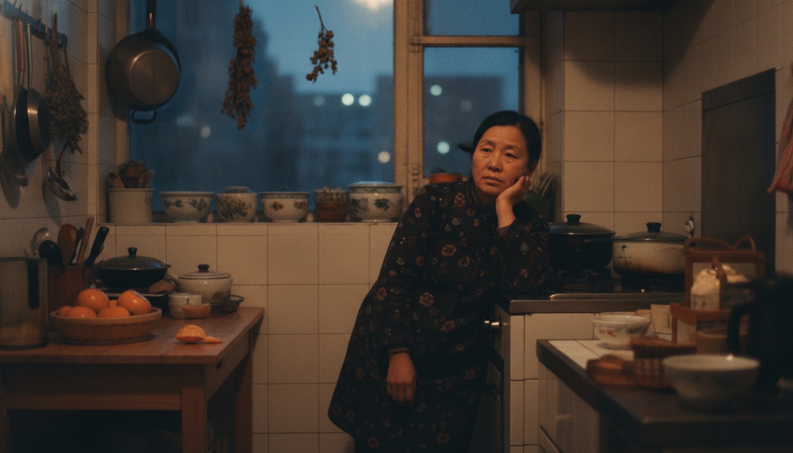 秋日傍晚厨房里一位妈妈靠着灶台安静发呆,窗外光线渐暗,氛围疲惫沉静