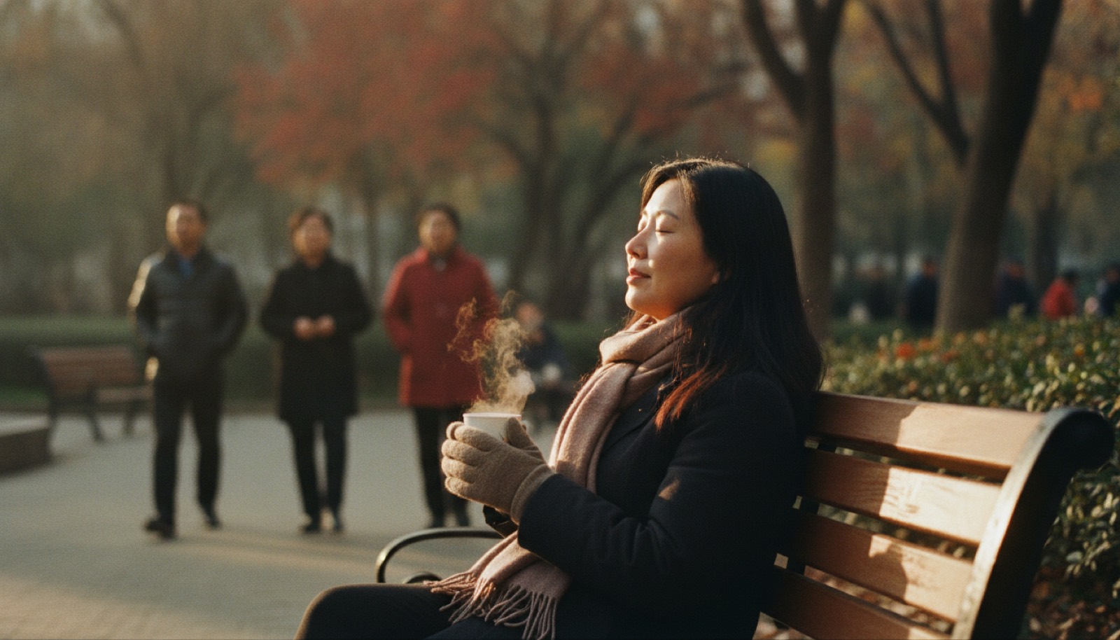 上午小公园长椅妈妈捧热饮闭眼晒太阳