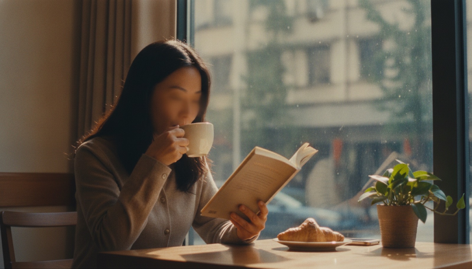 上午咖啡馆窗边妈妈一个人喝咖啡看书