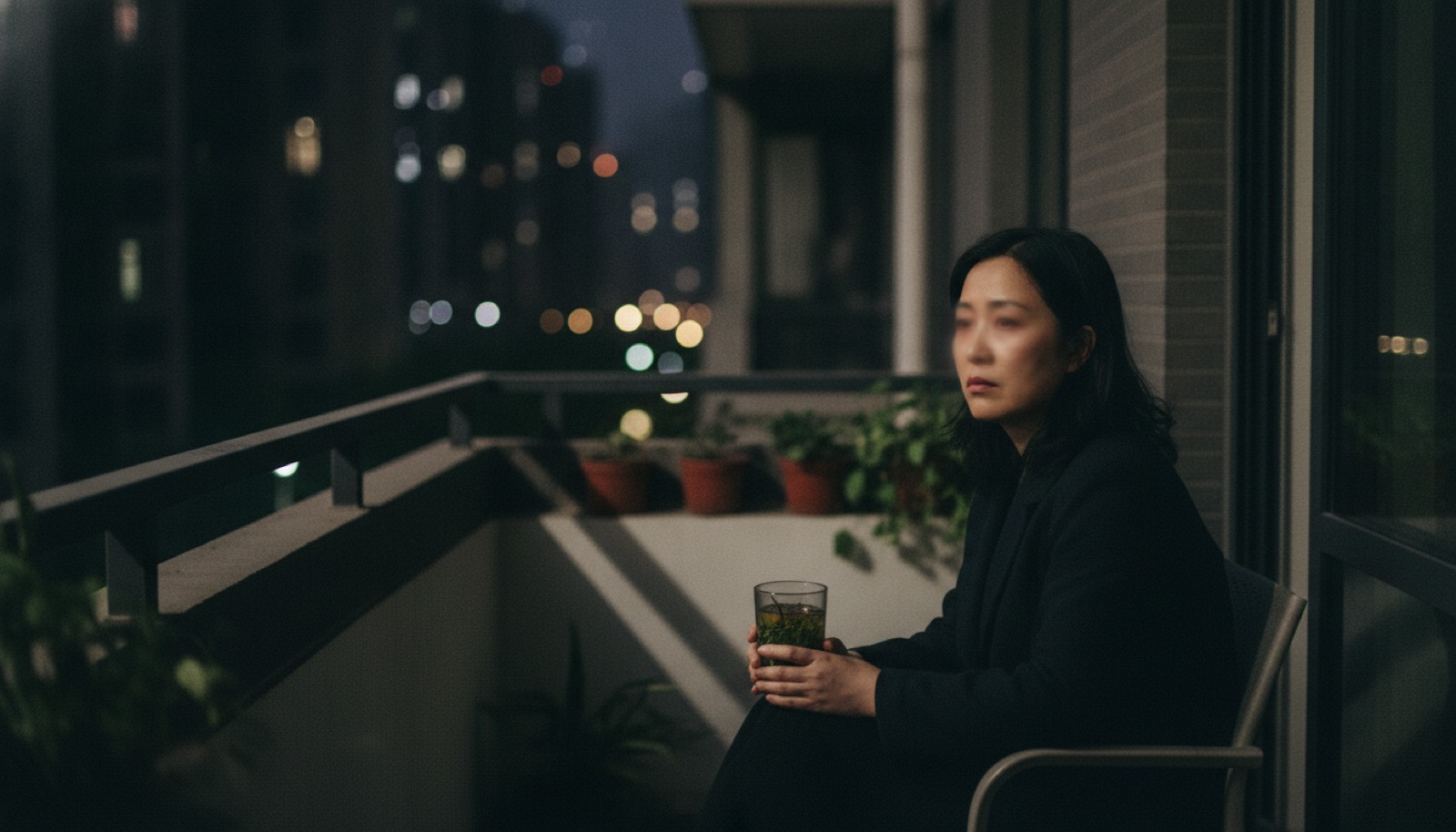 夜晚阳台妈妈一个人坐着端凉茶眼眶红
