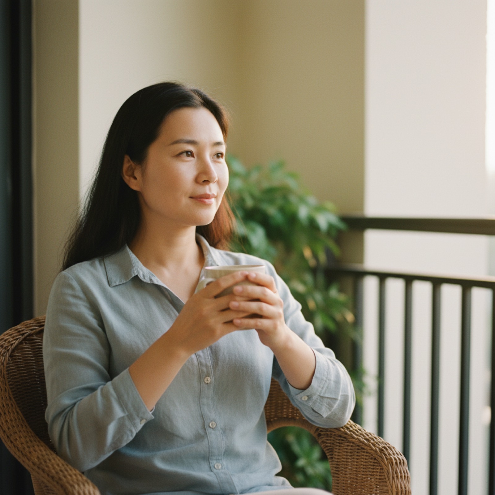 清晨阳台一位妈妈坐着喝热水,光线柔和,远处城市轮廓虚化