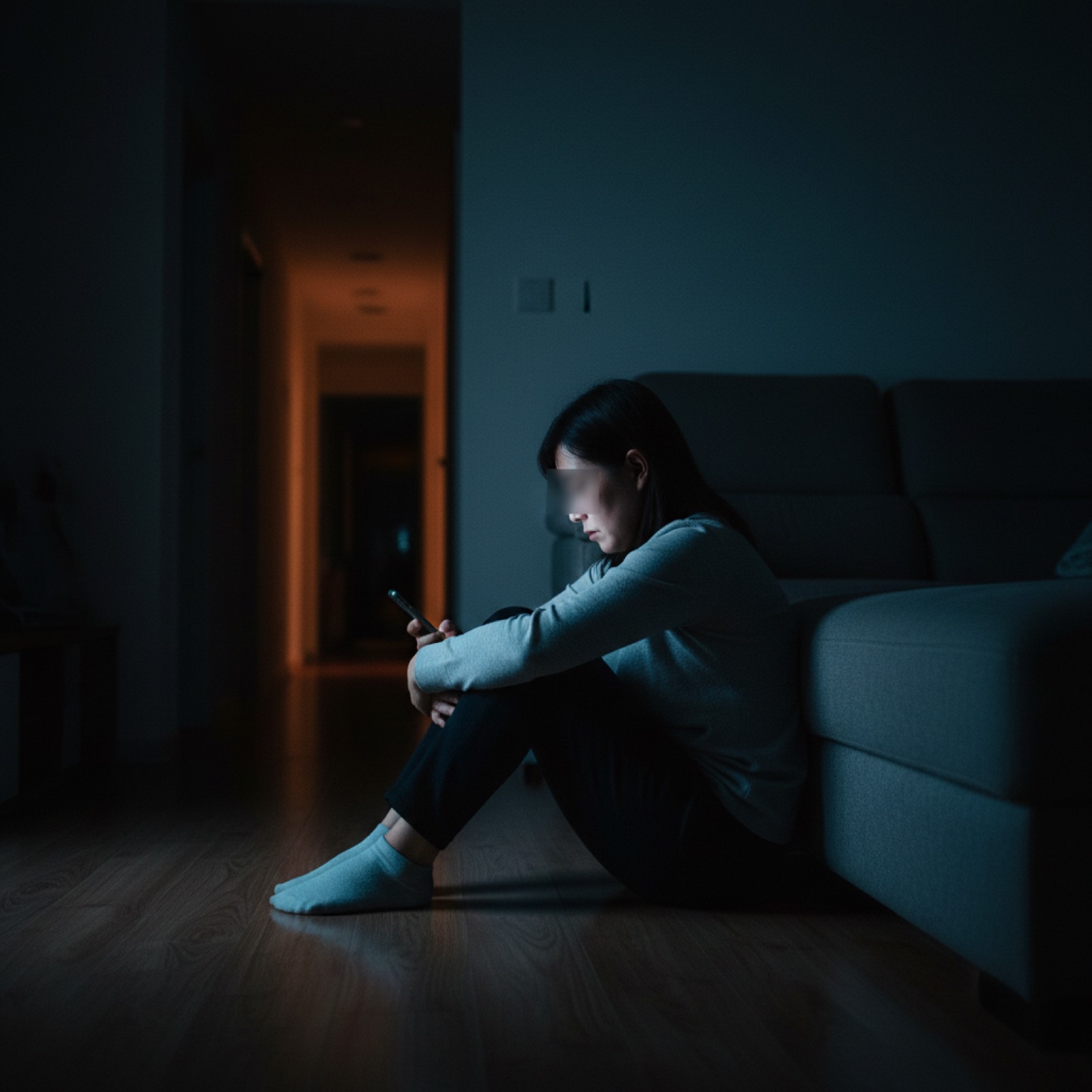 凌晨家中客厅地板上一位妈妈侧坐的背影,手机屏幕微光照亮
