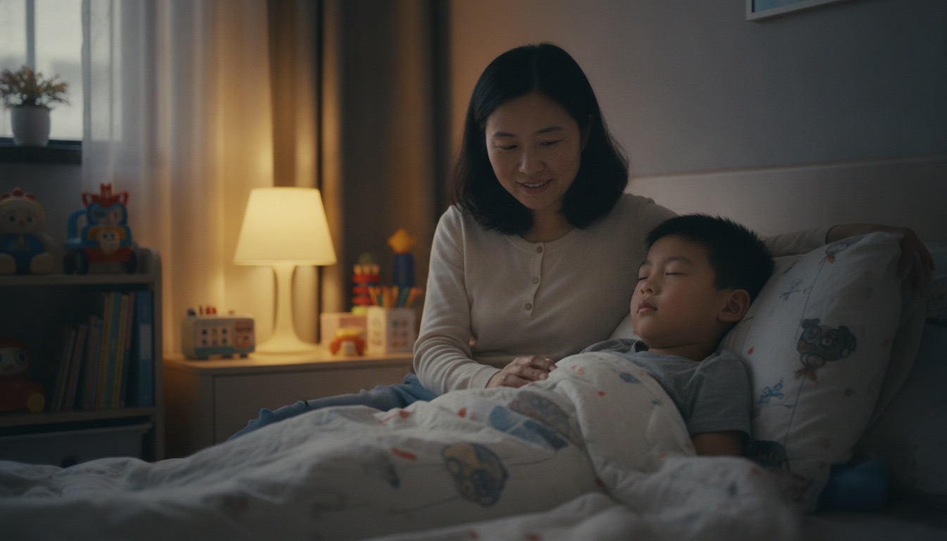 夜晚床边妈妈陪男孩躺下准备睡觉暖黄灯光柔和