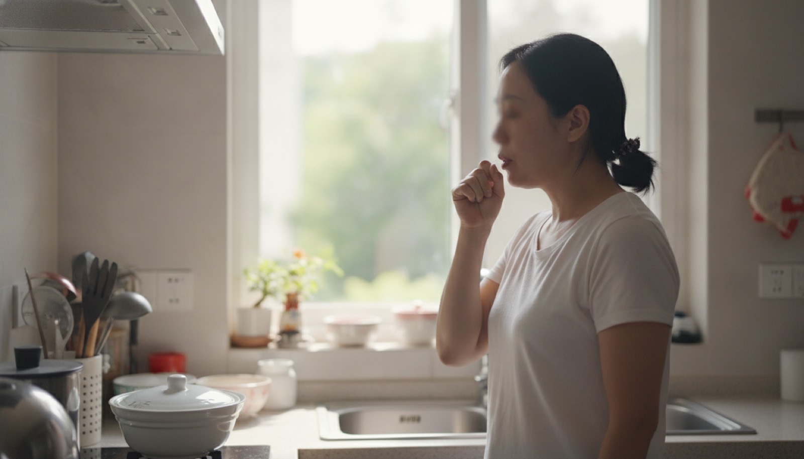 厨房窗边妈妈深吸一口气平复情绪手扶料理台