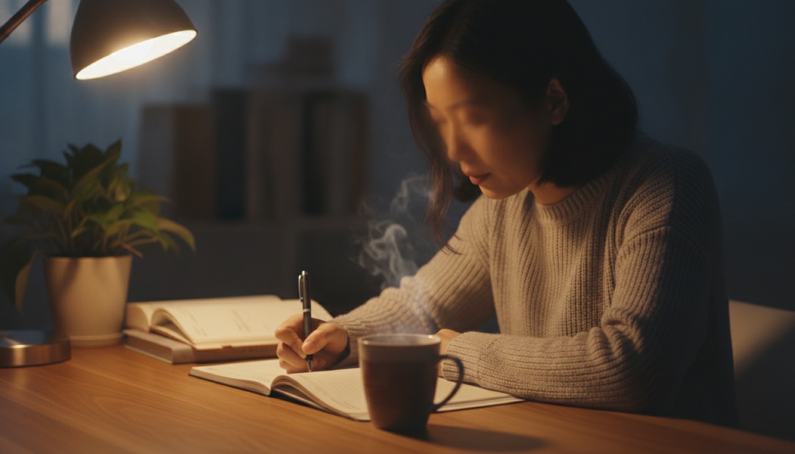 夜晚书桌妈妈在手账本上认真写记录