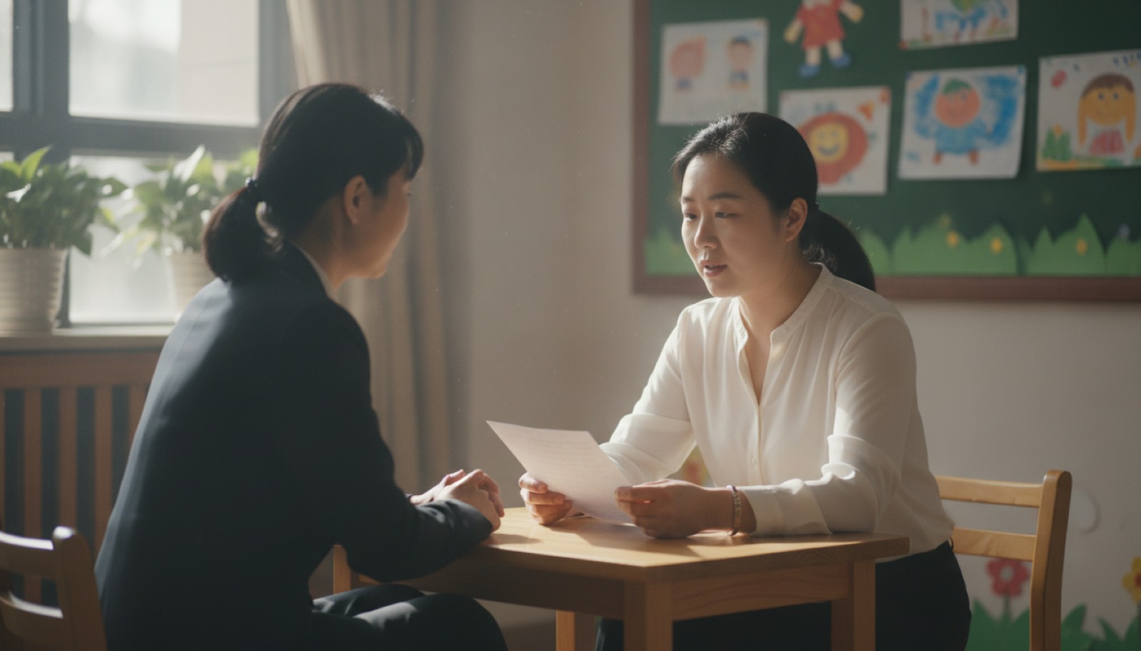 小学接待室妈妈跟新班主任当面坐下交谈,妈妈手里拿着一张纸,自然光