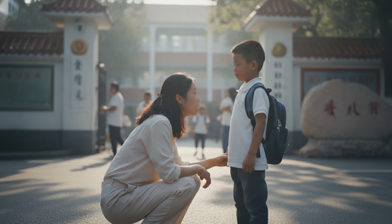 夏末清晨小学门口妈妈蹲下身跟背书包的男孩轻声说话,晨光柔和