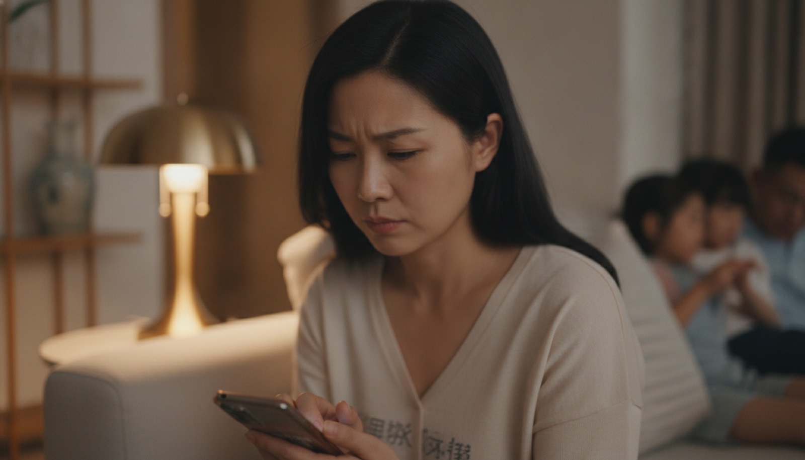 中国家庭沙发上妈妈低头在手机备忘录里斟酌给新老师的信息