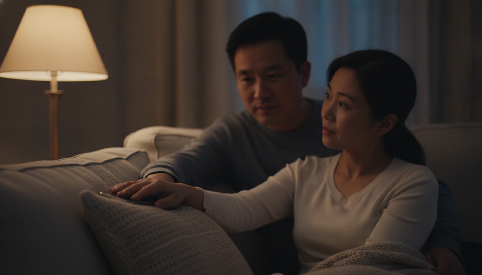 夜晚沙发爸爸轻轻扣下妈妈手里的手机妈妈抬头看着他