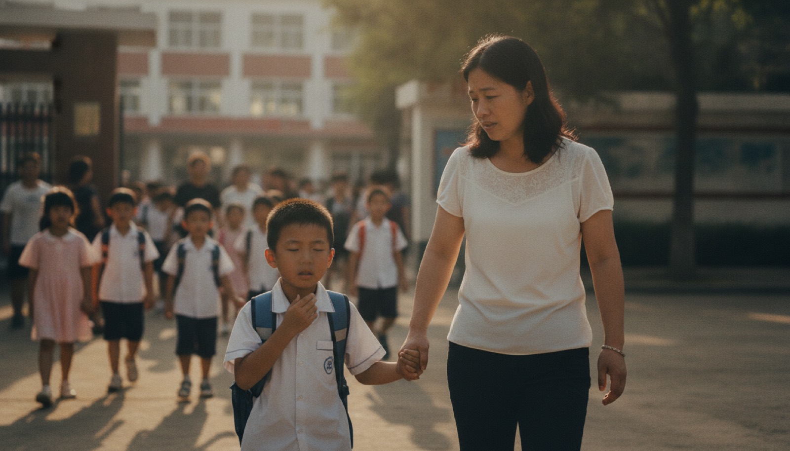 清晨小学校门口妈妈牵着频繁眨眼清嗓的男孩神情心疼