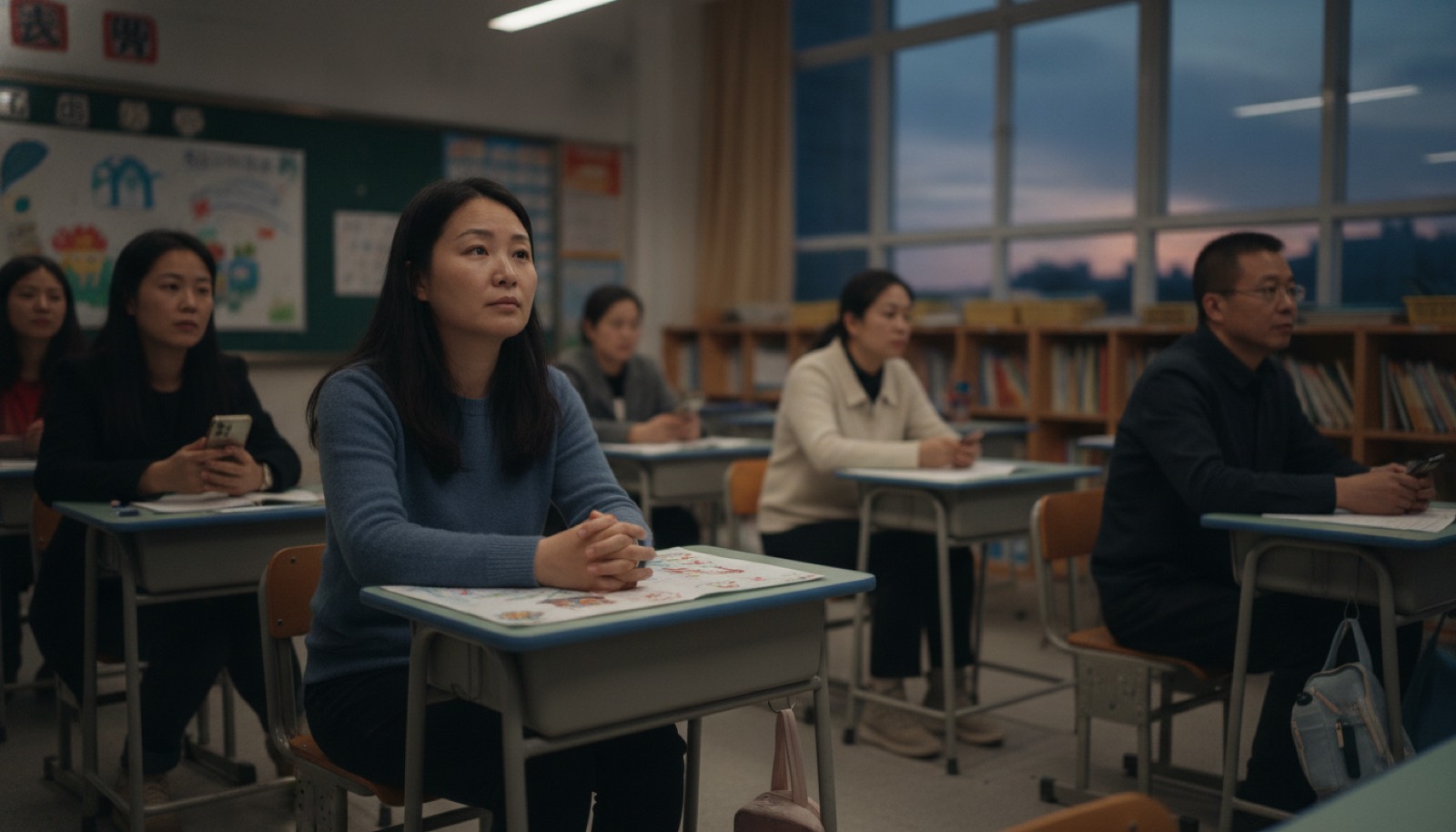 傍晚小学教室里家长会前家长陆续入座，一位妈妈坐在孩子的座位上安静等待神情有些心事，暖色灯光