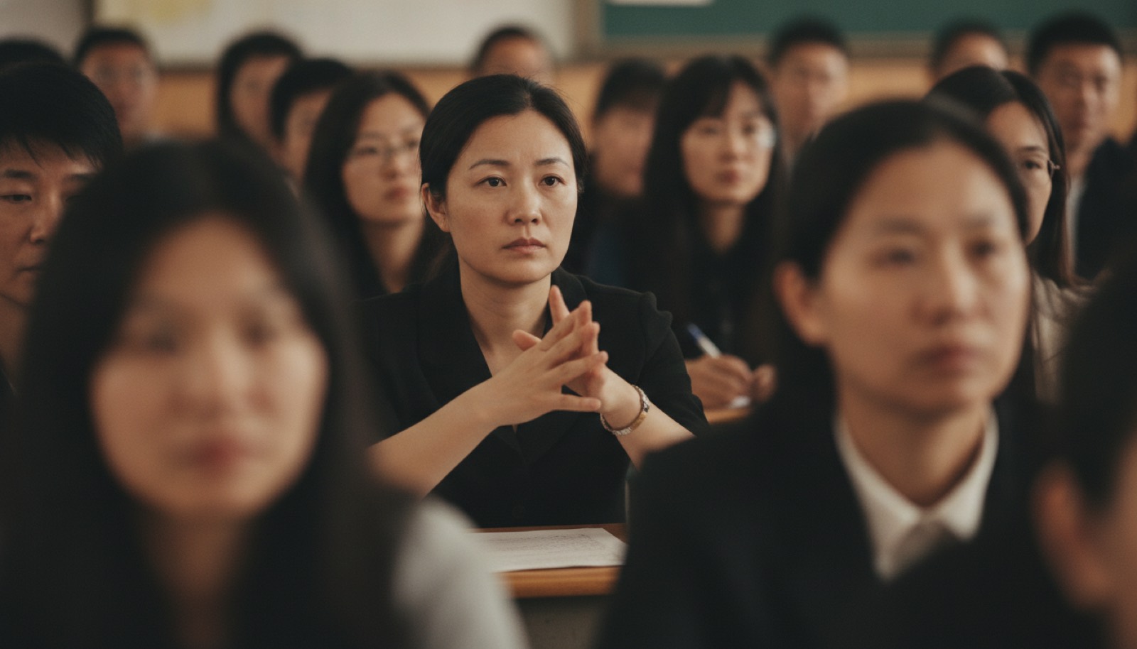 家长会现场妈妈在众家长中手刚要抬起又停住神情克制