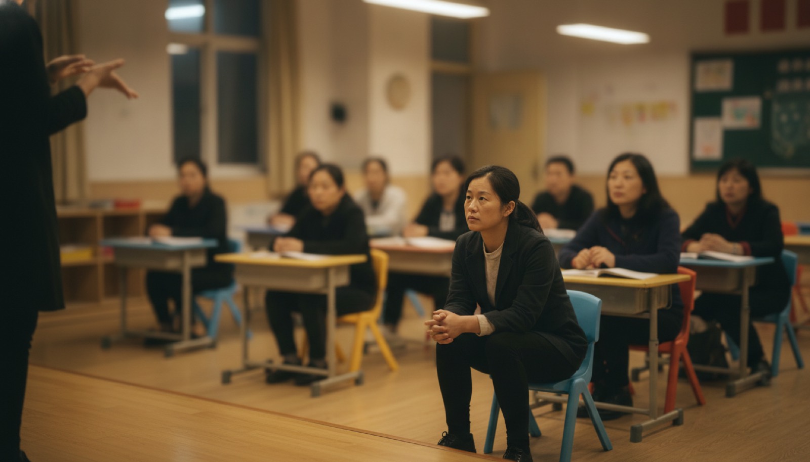 傍晚小学教室家长会现场妈妈坐在小座位上若有所思