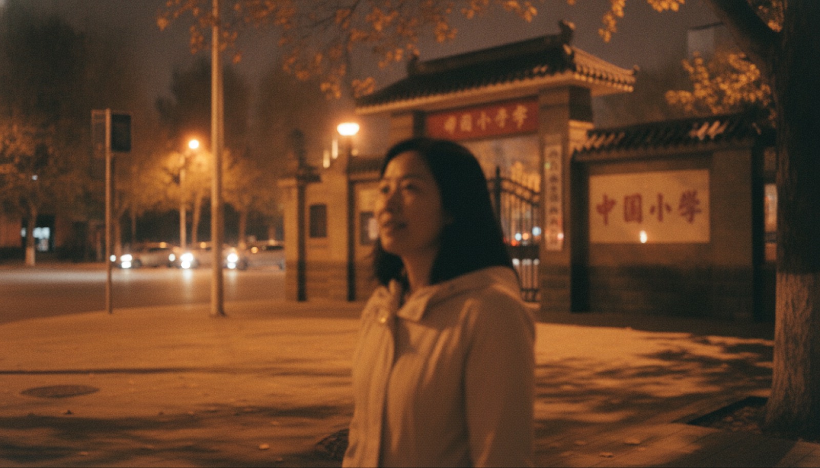 夜晚校门口妈妈独自走出神情放松路灯暖黄