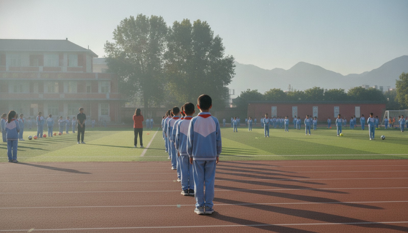 开学第一周清晨操场,7-9 岁中国男孩站在体育课队伍里的远景背影,阳光柔和