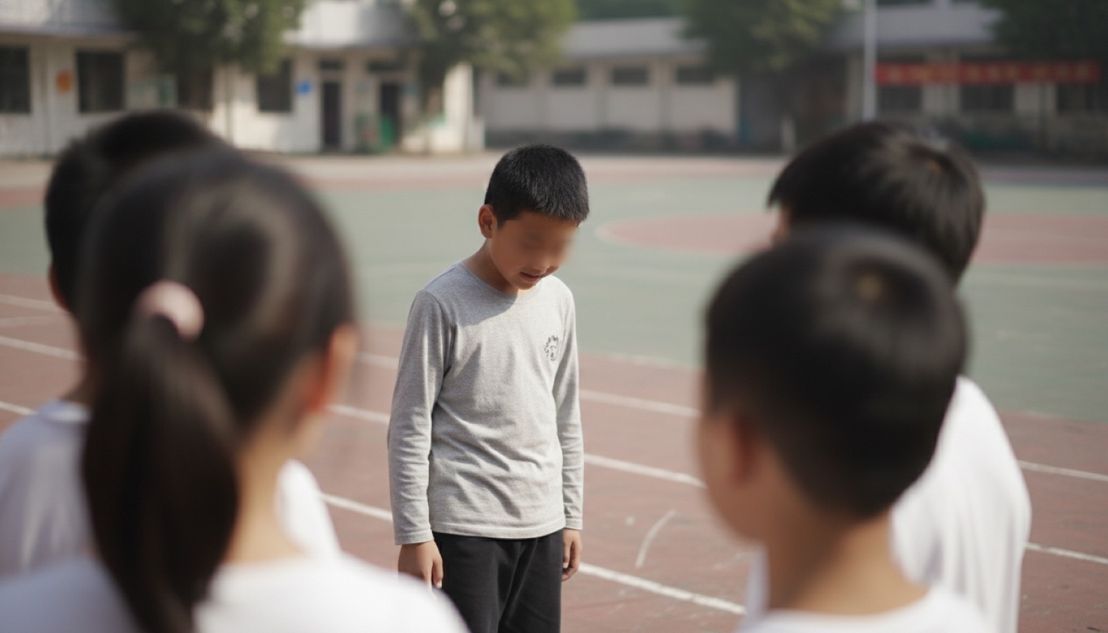 操场集体活动中男孩微低头旁边同学朝他看