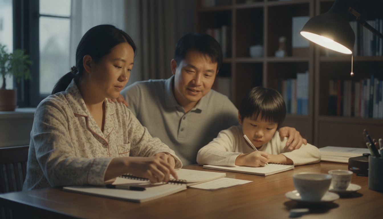 看诊前一晚温暖的中国家庭书桌前，妈妈就着台灯整理一本观察记录本和一张问题清单，神情平静专注
