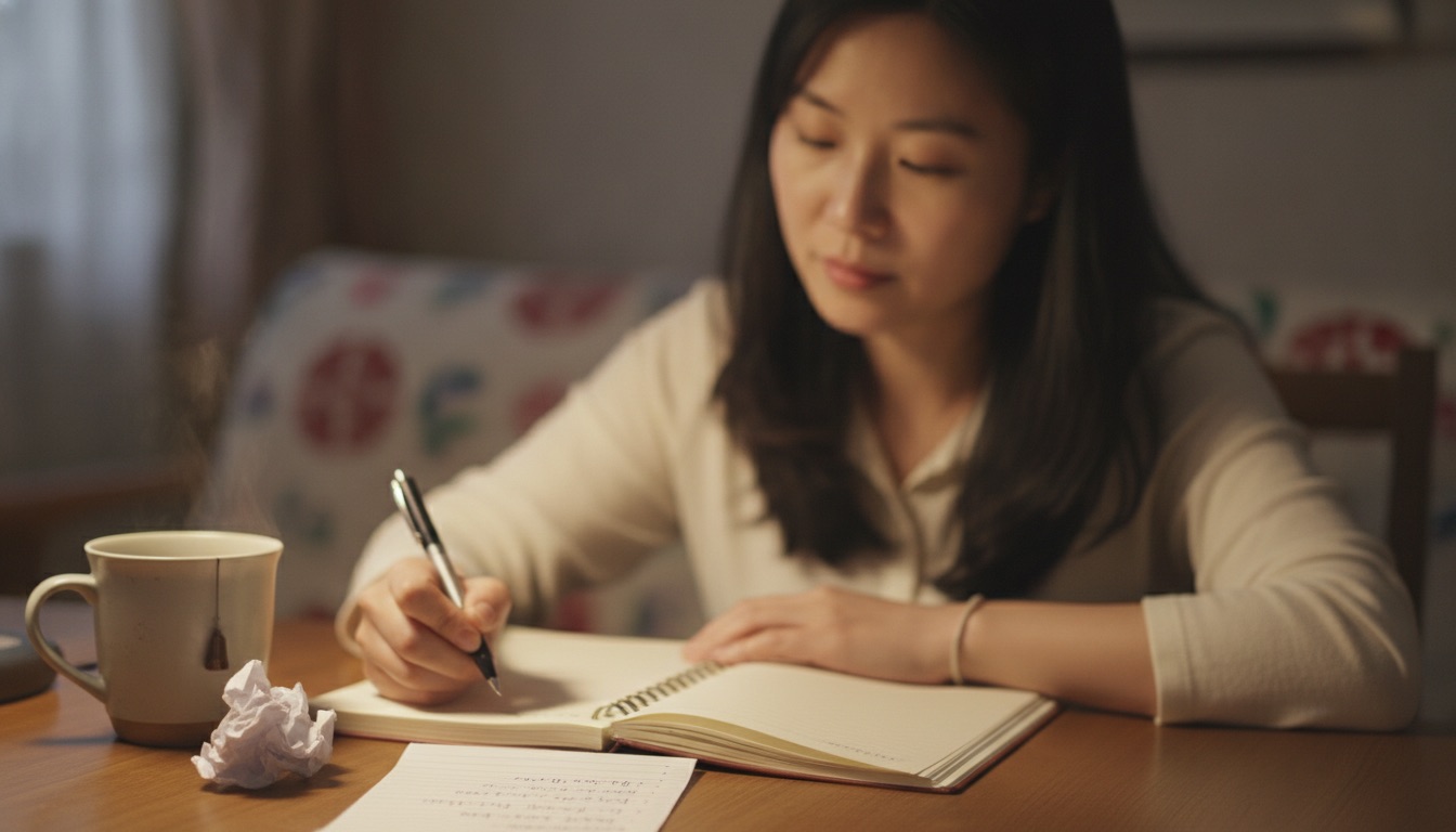 夜晚书桌前妈妈就着台灯在记录本上写字旁边一张清单和一杯温水