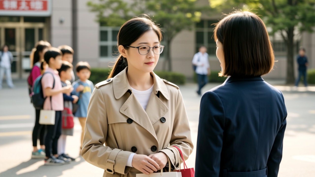 放学后校门口老师轻声跟一位妈妈说话，妈妈神情凝重若有所思，光线柔和氛围沉静