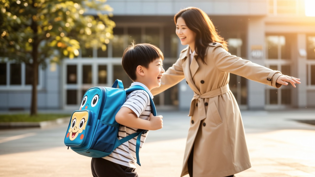 傍晚校门口男孩背书包笑着朝张开手臂的妈妈跑过来