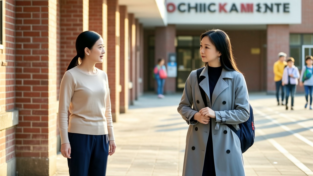 傍晚校门口女老师侧身轻声跟妈妈交谈妈妈低头神情凝重