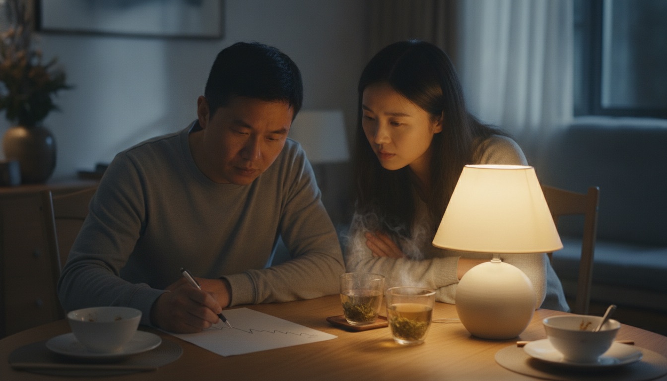夜晚餐桌爸爸画起伏下行的趋势线妈妈凑近看