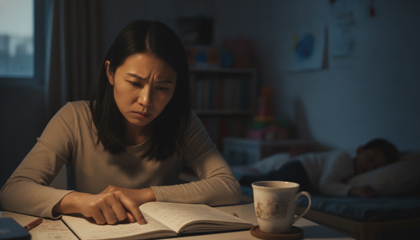 夜晚书桌前妈妈翻记录本眉头紧锁一脸自责