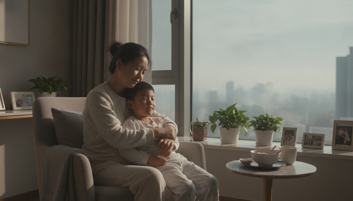 清晨窗边妈妈搂着孩子两人都平和放松