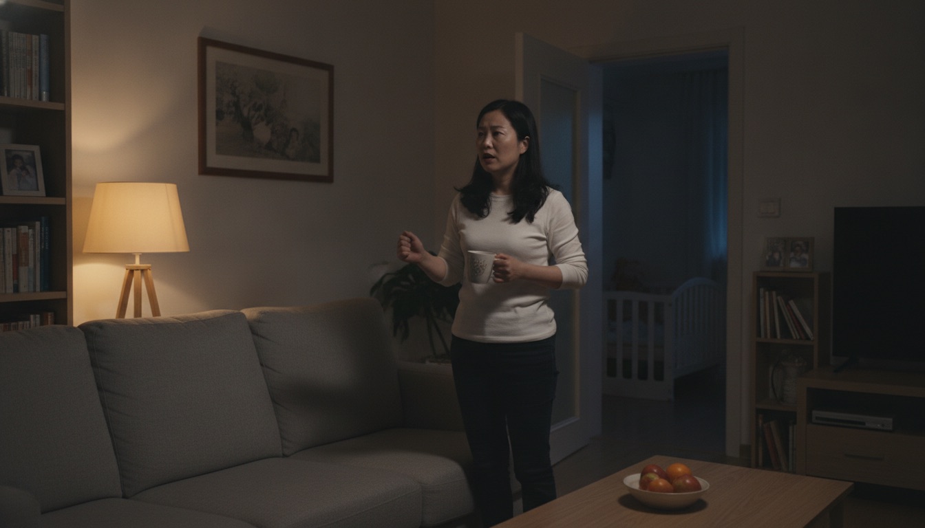 深夜客厅妈妈端着水杯怔住望向孩子房间