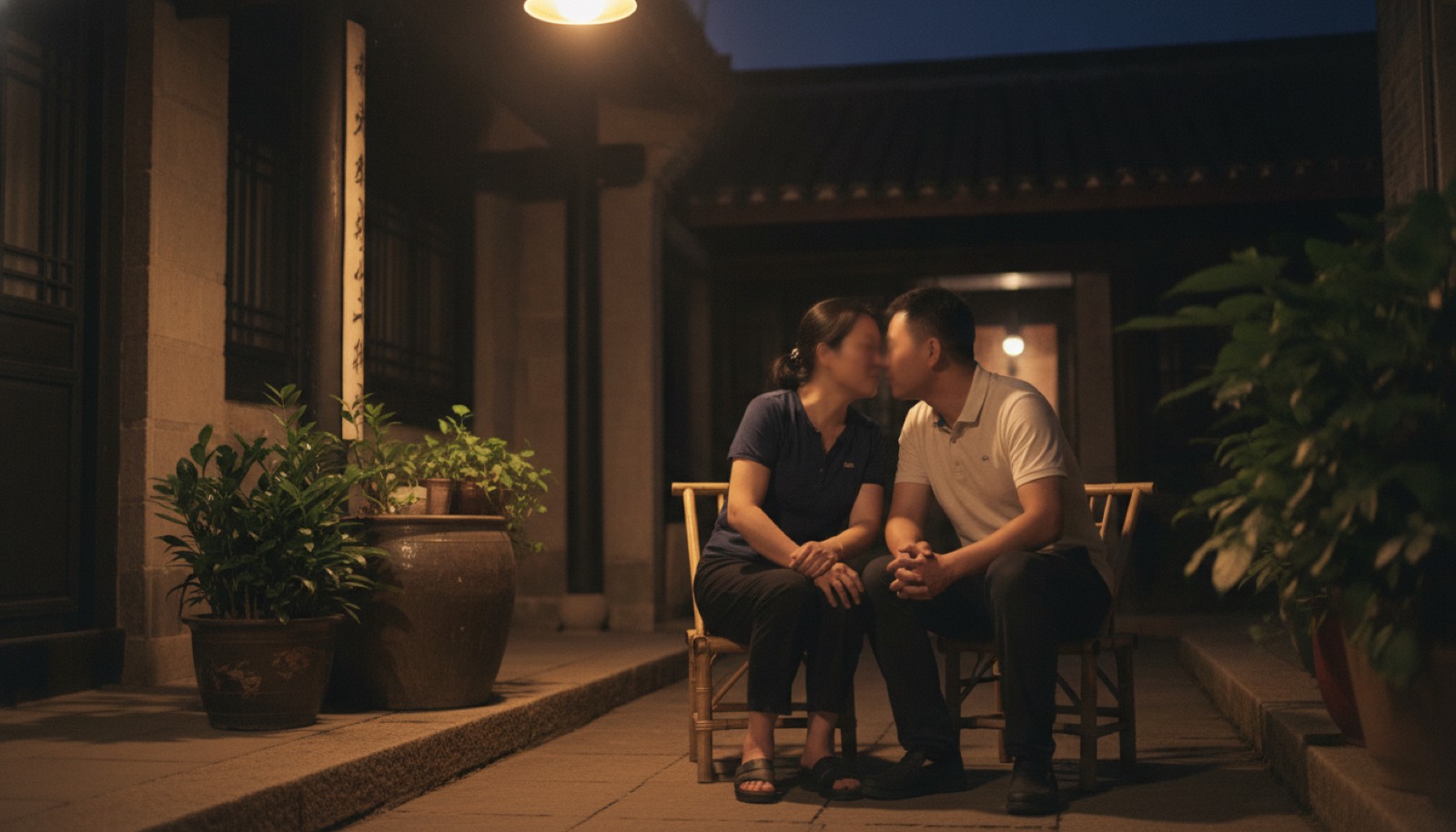 夏夜老家院子夫妻坐竹椅低声说话
