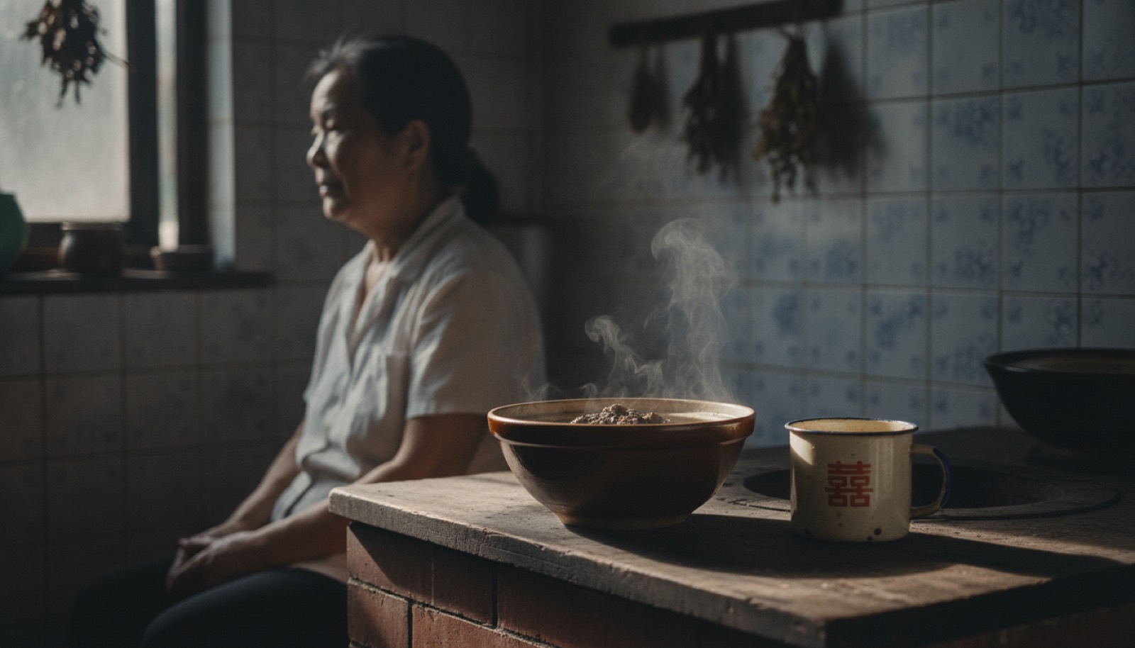老家厨房灶台上一碗深褐色的中药旁边一只老式搪瓷杯,光线柔和,氛围安静有年代感