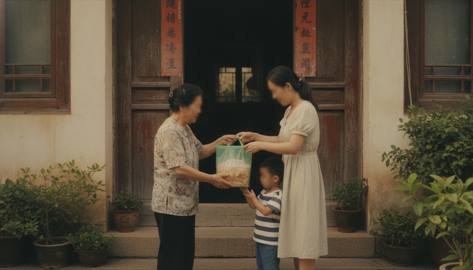 老家门口奶奶递保温袋给妈妈孩子牵衣角