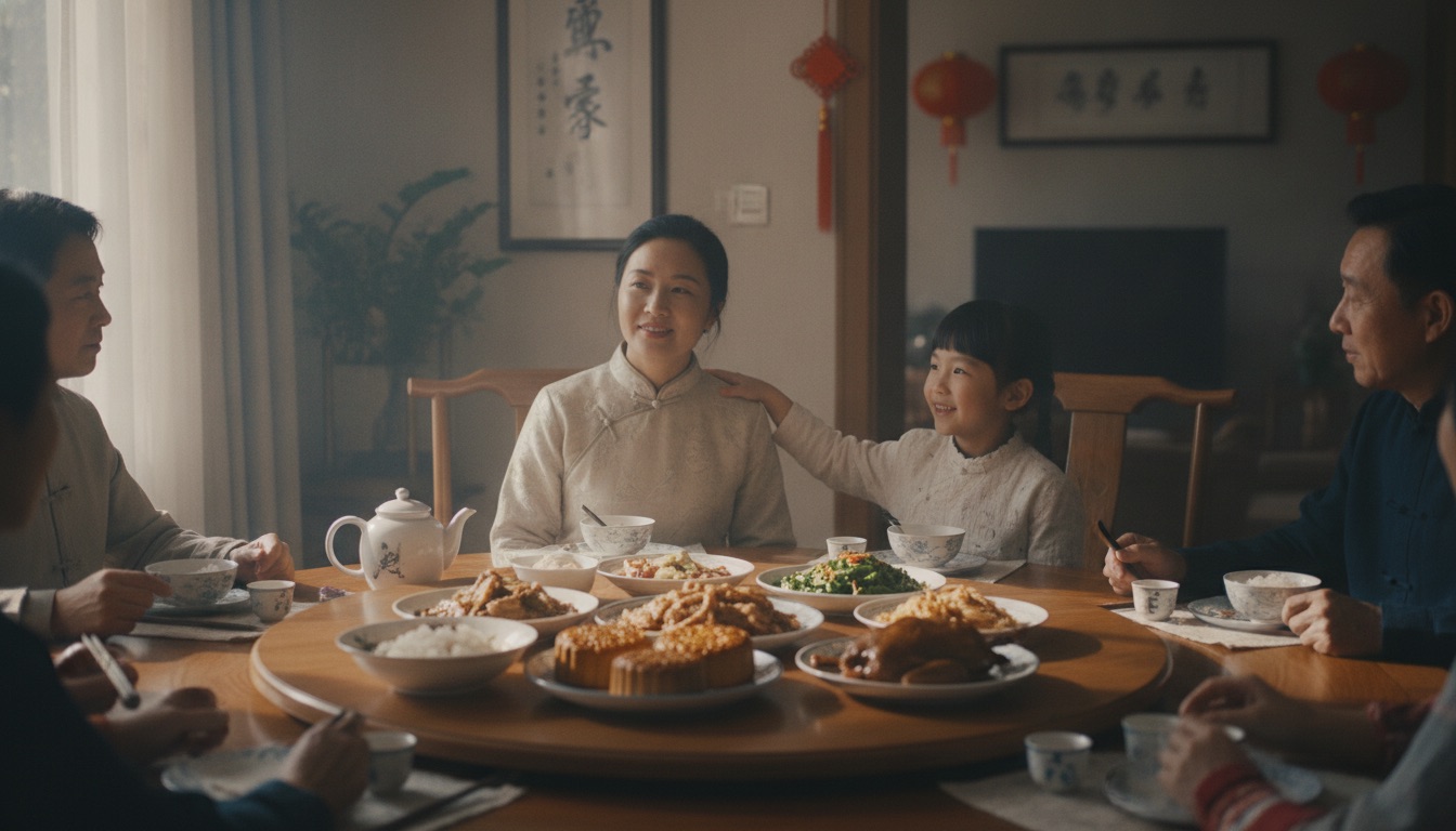 中秋家宴的圆桌旁妈妈自然地搭着孩子的肩神情从容温暖桌上摆着月饼和家常菜