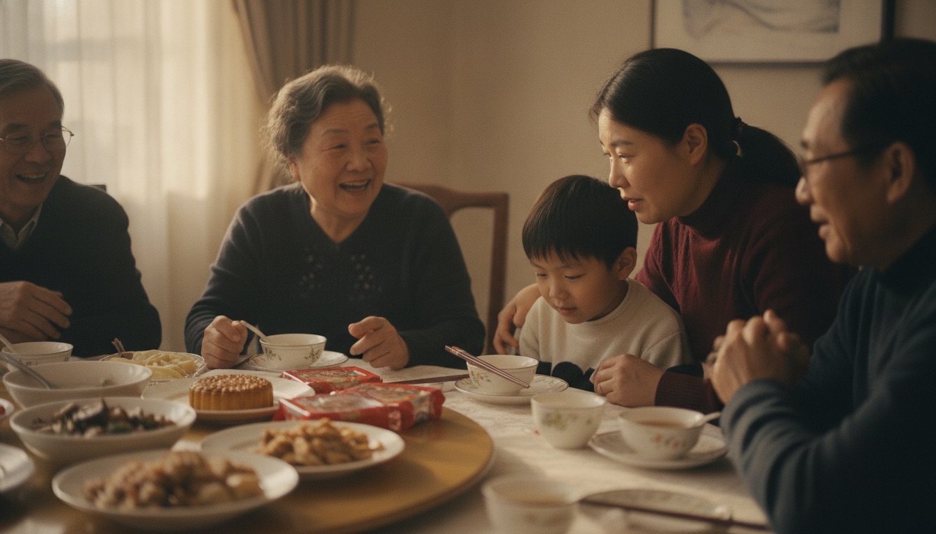 中秋家宴圆桌旁一位长辈探身看向角落里低头局促的孩子妈妈表情僵住
