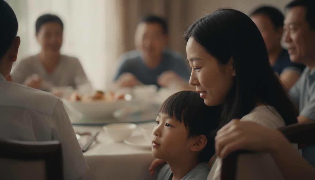 家宴餐桌旁妈妈把手搭在孩子肩上低头对他说话孩子抬眼放松了一点