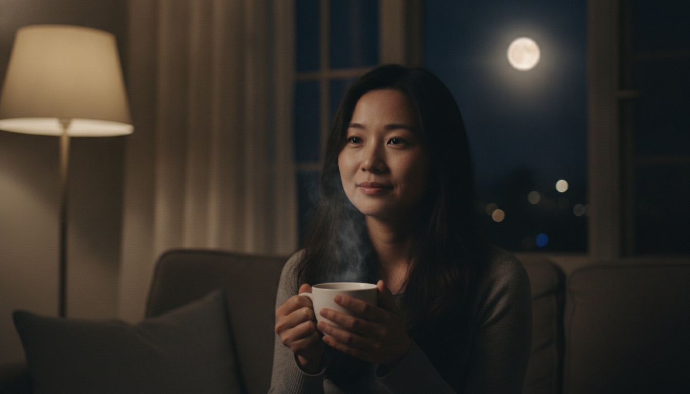 深夜妈妈独自坐在沙发上捧着温茶窗外中秋月色室内一盏暖灯神情平静释然
