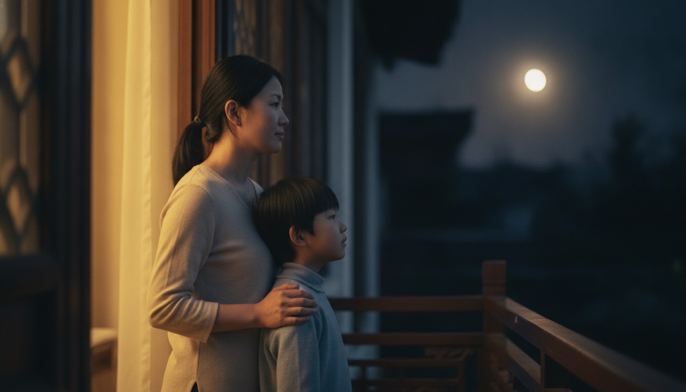 节日夜晚阳台上妈妈和孩子并肩看月亮妈妈一只手搭在孩子背上两人松弛下来
