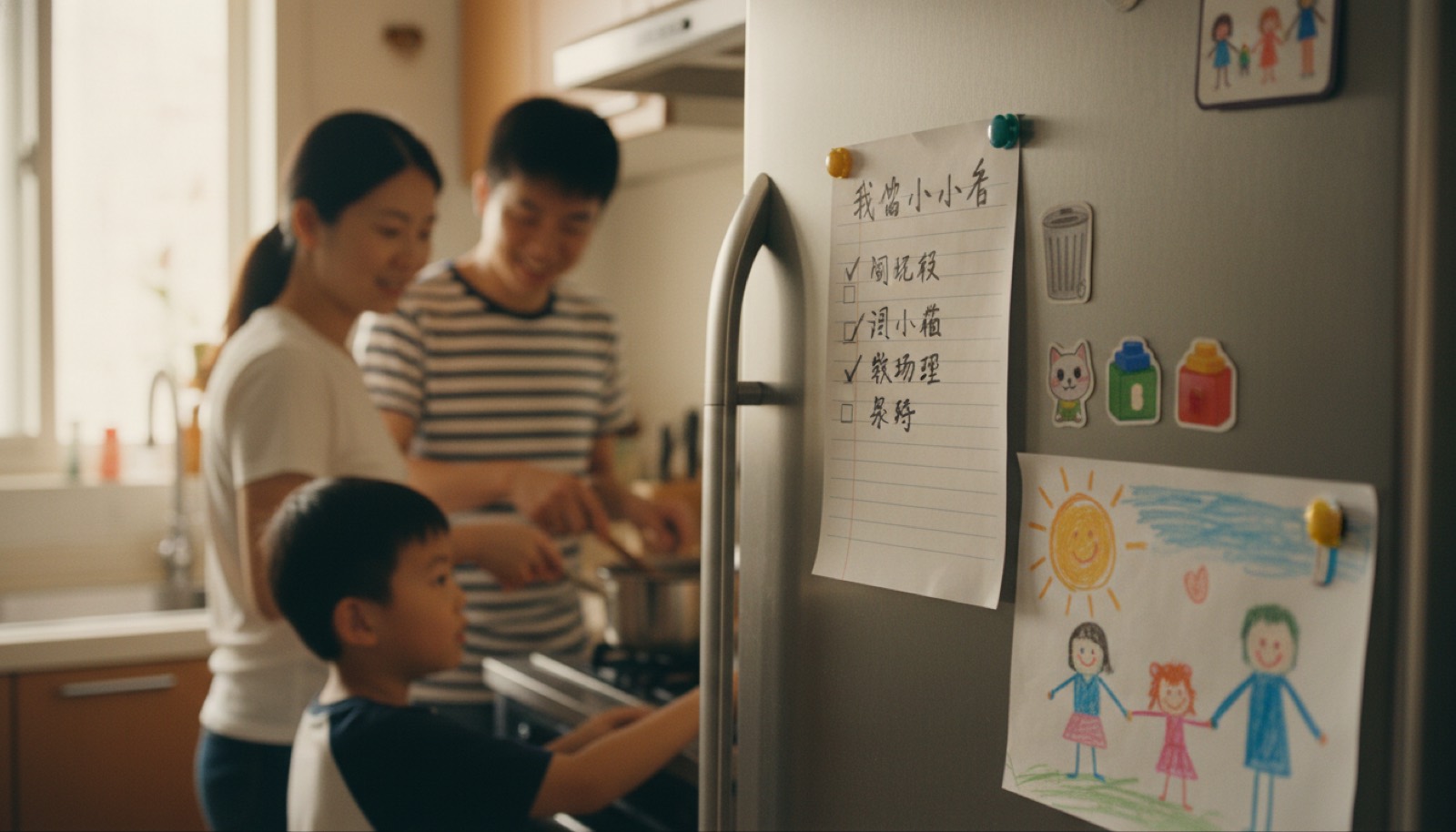 冰箱门上儿童手写'我做对了'清单旁边小图标