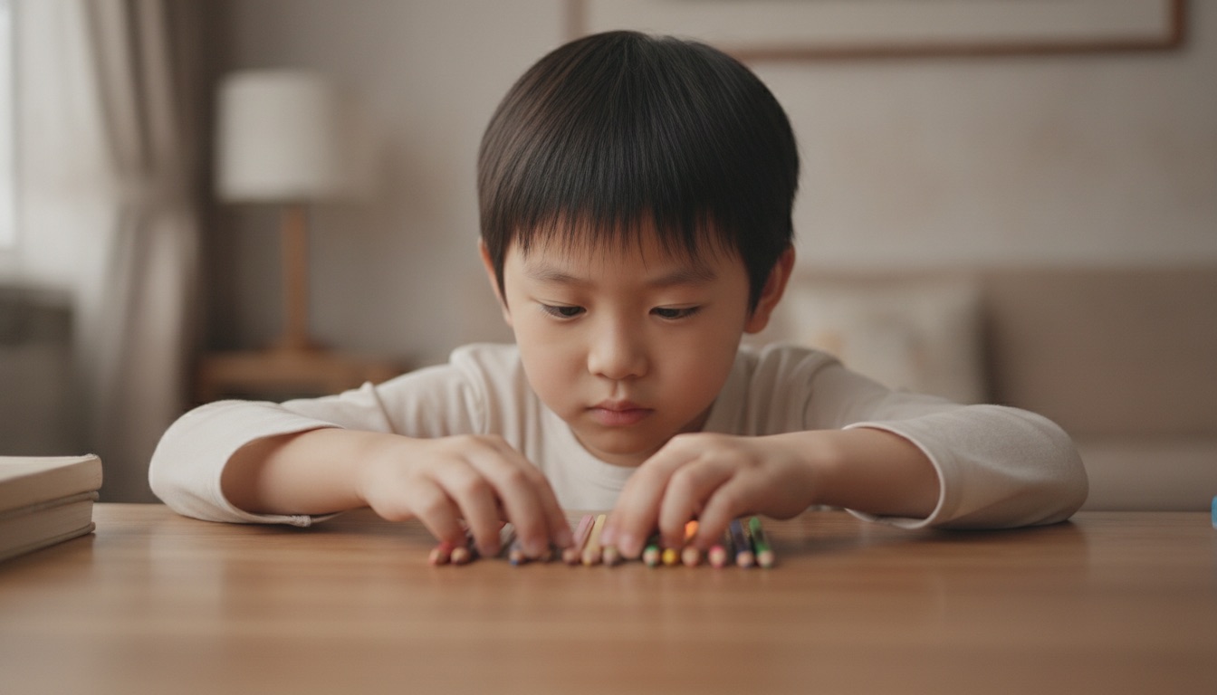 客厅书桌前孩子低头专注把几支彩色铅笔对齐摆成一条直线小眉头微皱
