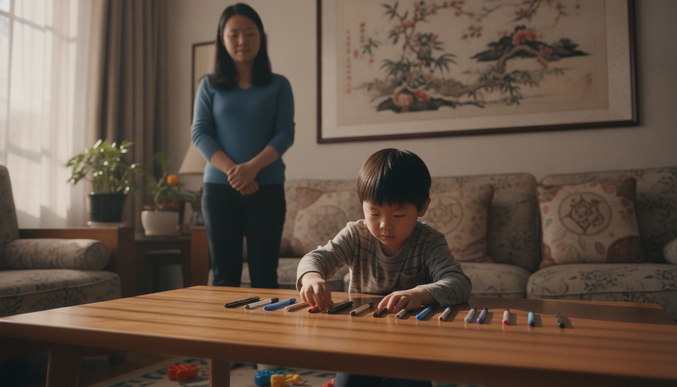 客厅里孩子专注地把桌上的几支笔一根根摆成一条直线神情认真妈妈站在稍远处安静地看着没有打断