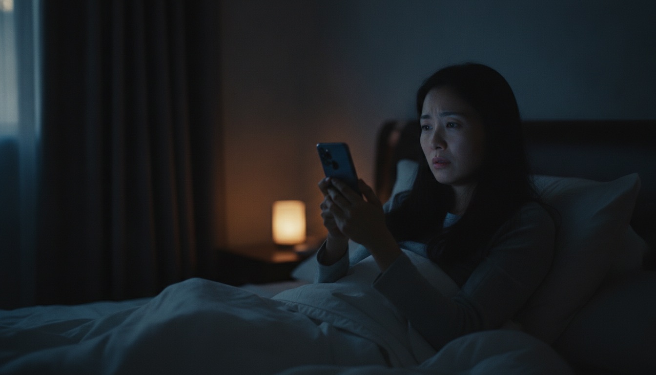 深夜卧室妈妈独自靠床头举着手机屏幕光映在脸上眉头紧锁焦虑不安