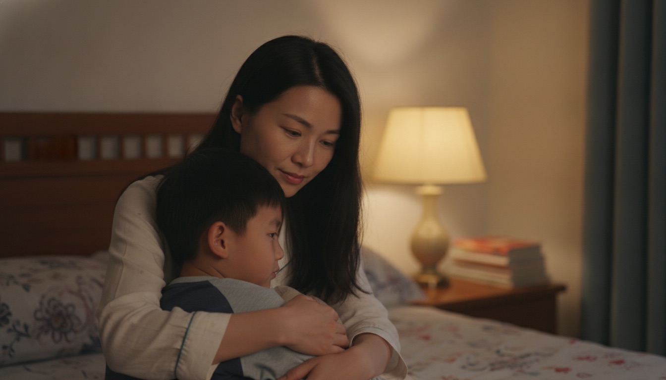 夜晚床边妈妈搂着孩子孩子把头埋在妈妈肩上