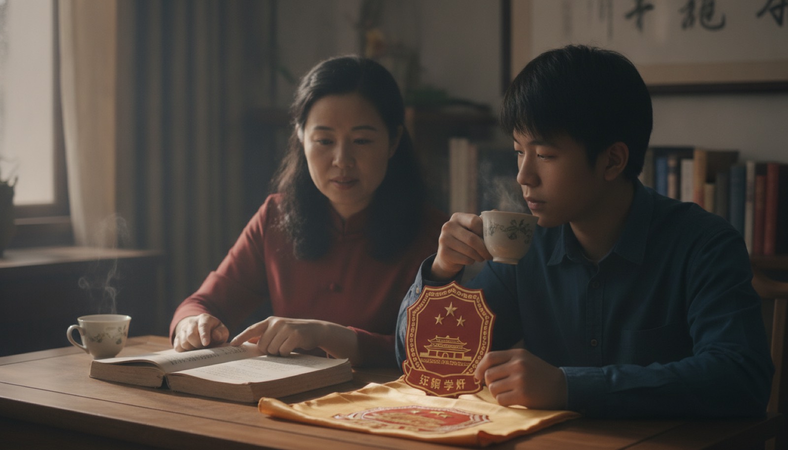 傍晚书桌上一本翻开的书旁边一张新校徽和一杯热茶,光线柔和,氛围决策思考