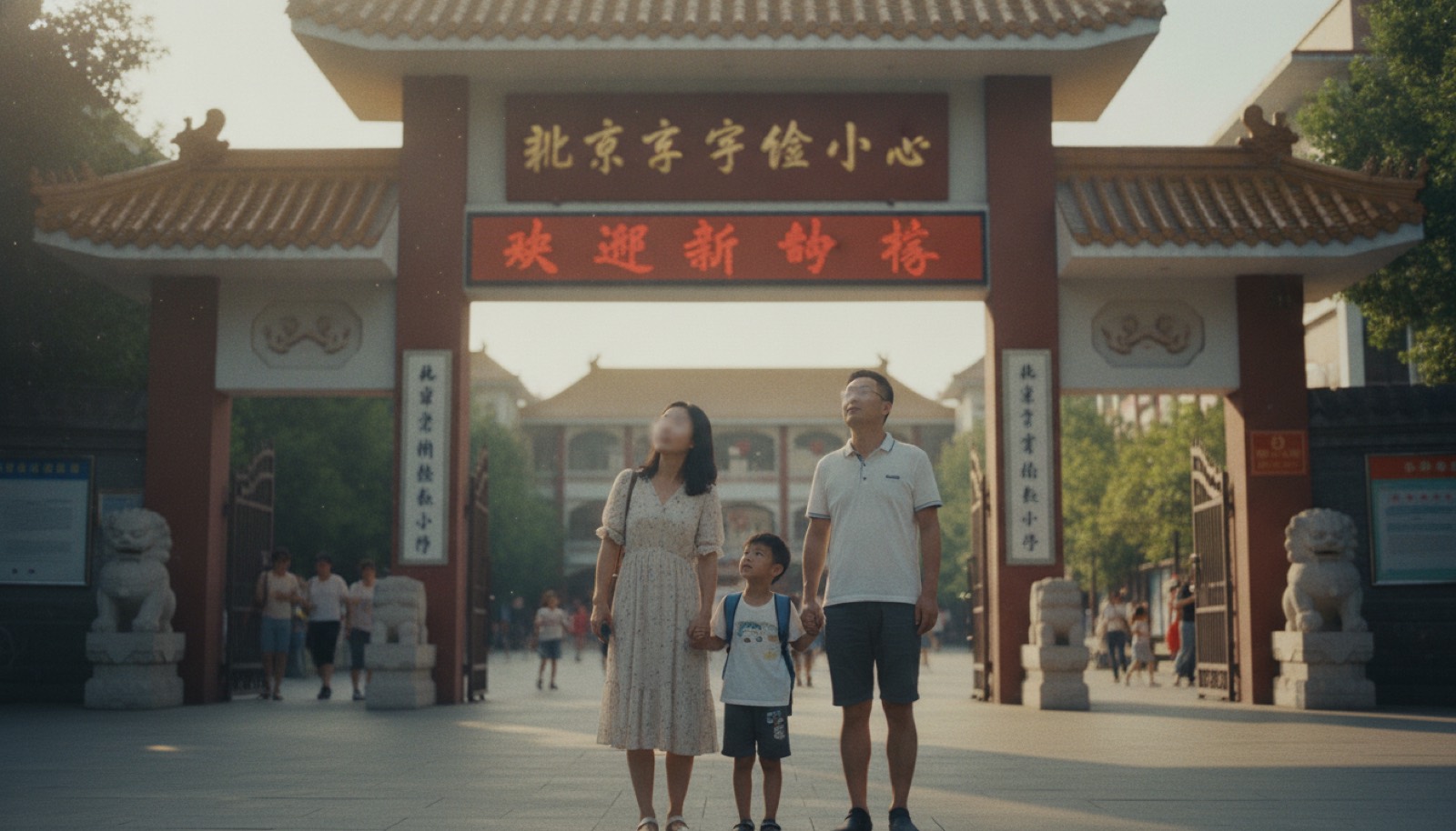 夏日下午中国小学门口一家三口仰头看校门