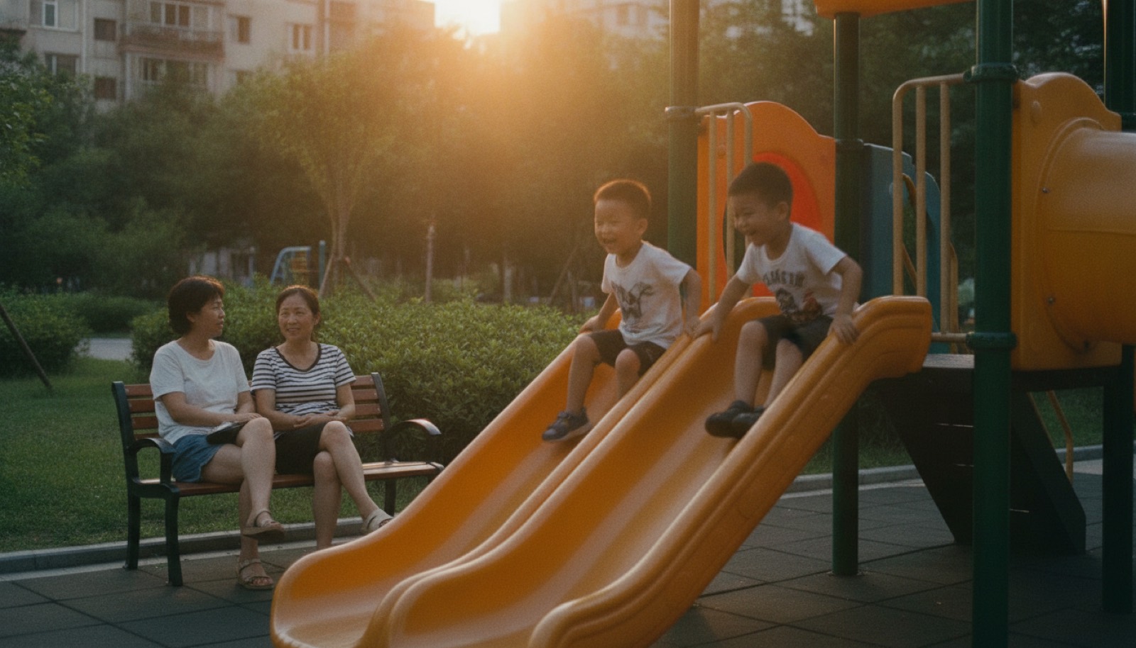 夏日傍晚小区儿童游乐区两个小男孩玩滑梯妈妈聊天