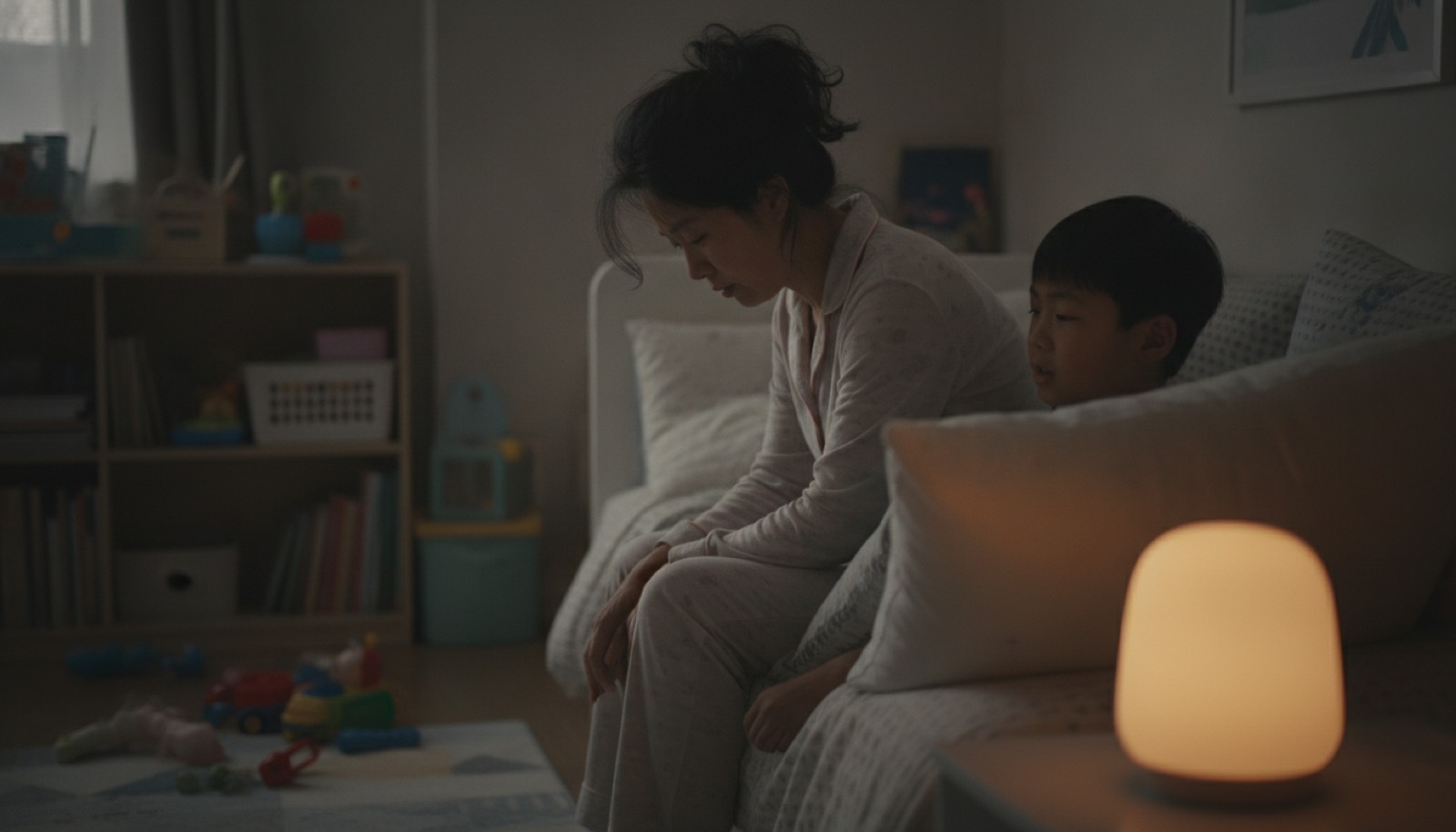 夜晚床边妈妈坐床沿低头听靠枕头躺着的男孩说话小夜灯昏黄
