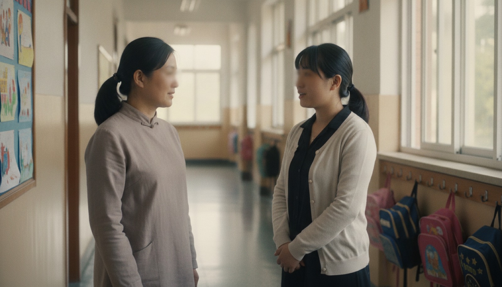 清晨小学走廊妈妈和女老师并排站着轻声诚恳交谈