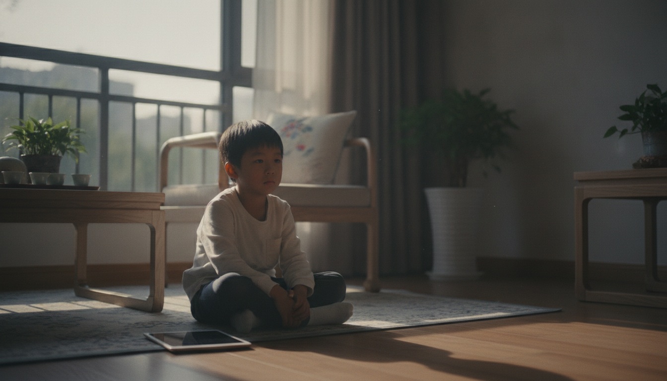 午后房间孩子一个人坐在地上发呆无聊旁边放着没打开的平板窗外柔光