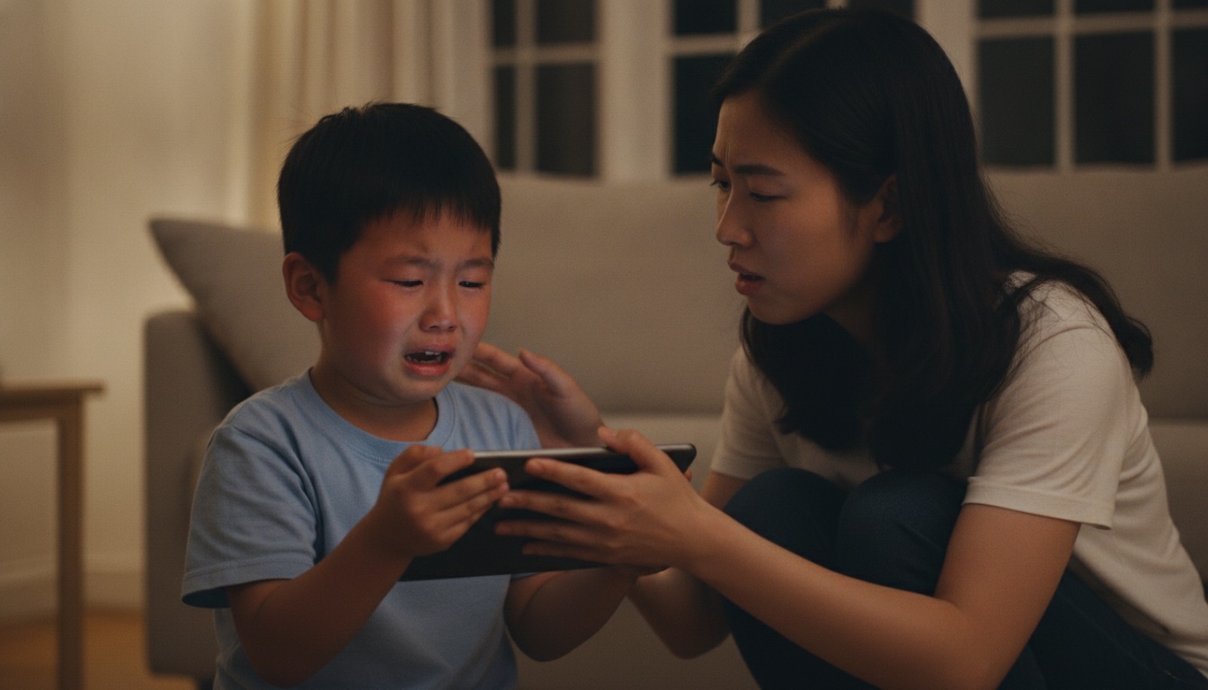 傍晚客厅孩子紧攥平板情绪激动妈妈蹲在面前伸手但没硬抢神情为难